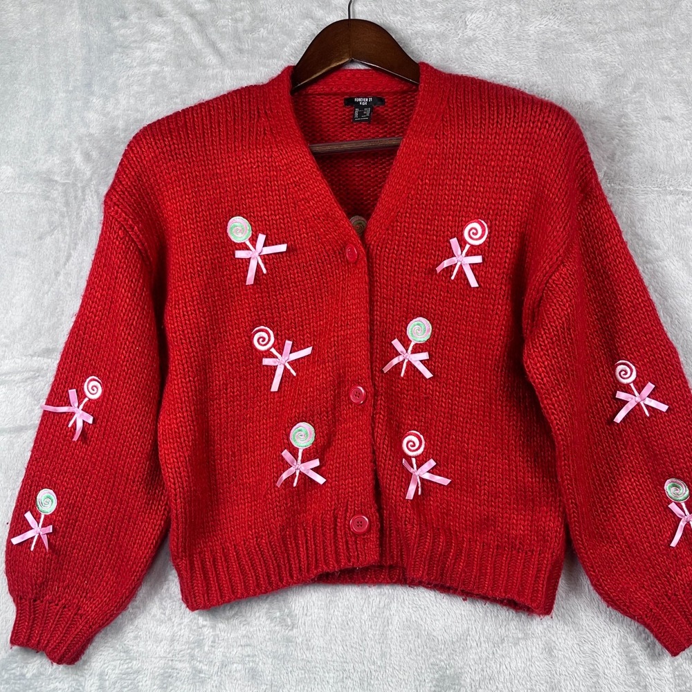 Forever 21 Kids Girls 13/14 Red Lollipop Embroidered Button Cardigan Sweater EUC